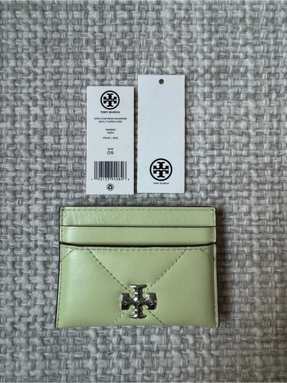 Tory Burch Pear Green Leather Kira Quilted Logo Card Case Mini Wallet NWT